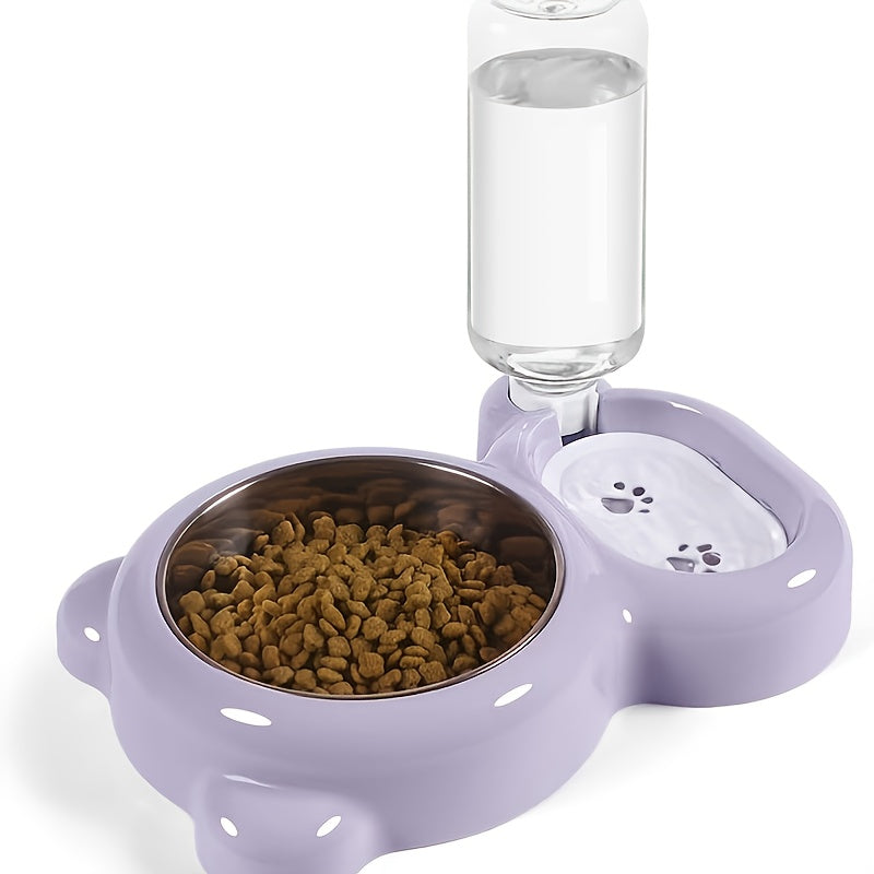 宠物双碗套装带自动饮水瓶——猫狗通用食盆与水碗，洗碗机适用，耐用不含双酚A，粉色灰色紫色，室内宠物喂食站