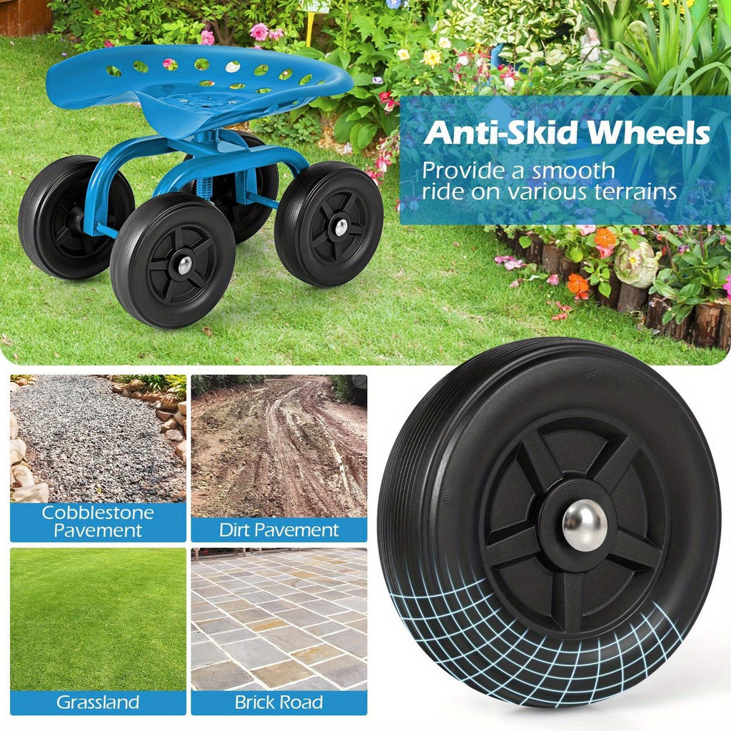 Garden Cart with Seat 330LBS Heavy Duty Rolling Scooter 5 Inch Adjustable Height 360 Swivel Seat 4 Non-Slip Wheels Ergonomic for Lawn Yard Planting Pruning Red Blue Green