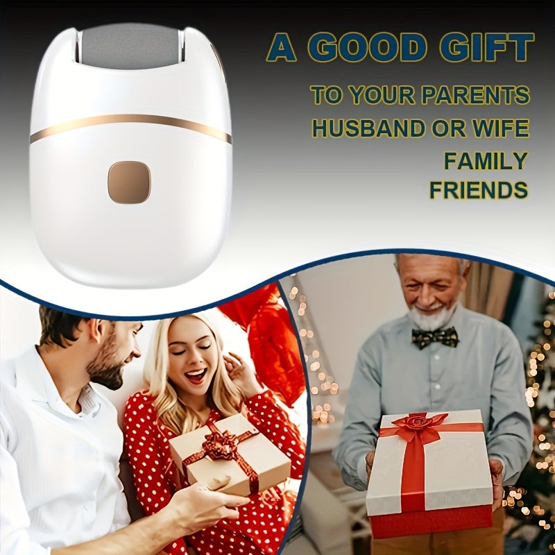 Rechargeable Electric Foot Scrubber - 6 Interchangeable Heads - Dead Skin Removal & Polishing - USB Powered - Ergonomic Handle - White & Gold Two-Tone Design