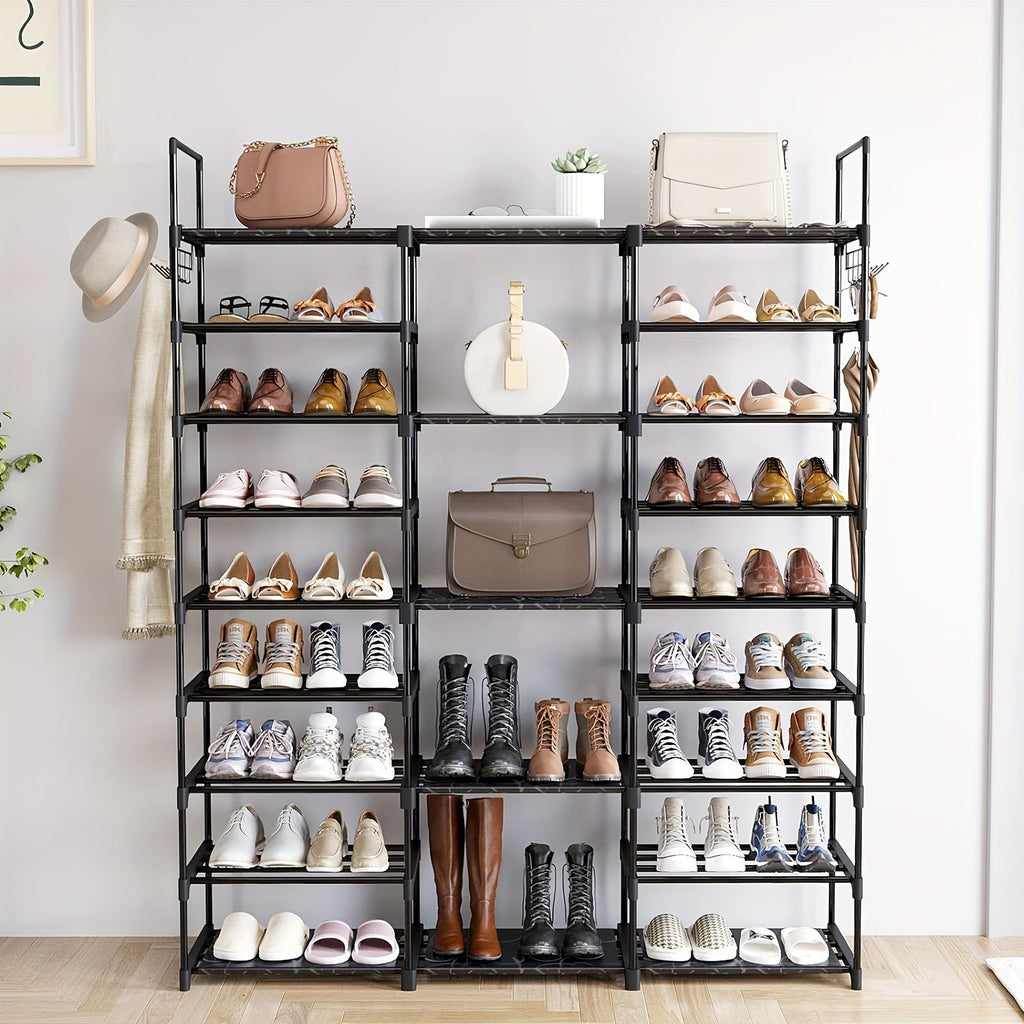 9-Tier Shoe Rack Organizer - 50-55 Pairs, Stackable Metal Shelf with Hooks - 129.5×26.9×155.4cm - Entryway, Bedroom & Closet Shoe Storage - Black
