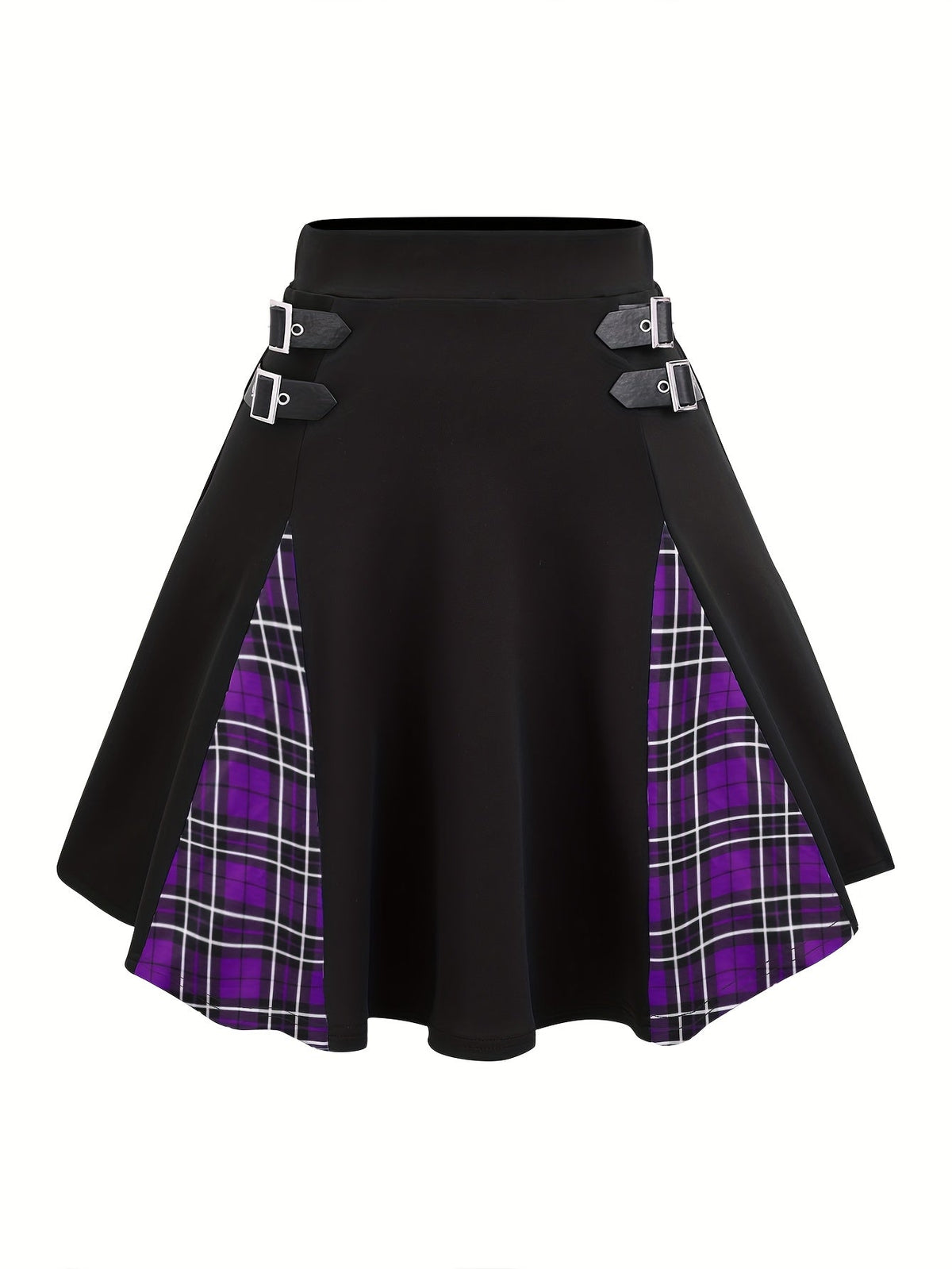 Gothic Plaid Buckle High-Waisted A-Line Mini Skirt Women's Y2K Gingham Color Block Knit Skirt Black Gray Red Blue Purple S M L XL XXL