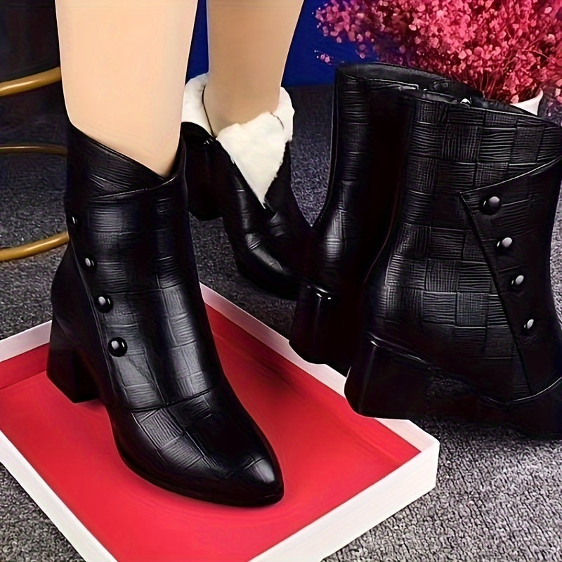 Women's Winter Plush-Lined Ankle Boots - Pointed Toe, High Heel, Chunky Patterned Sole - Warm & Thickened - Elegant & Classy - Black - US 5.5–10