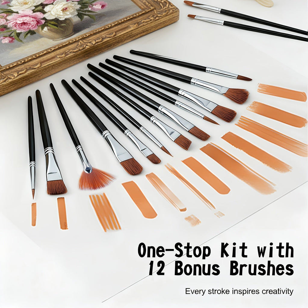 Acrylic Paint Set, 24 Colors, 2.03oz Each, with 12 Art Brushes, Premium Painting Supplies for Canvas, Ceramic, Fabric, Wood, Rich, Long-Lasting Pigments for Beginners, Hobbyists & Professional Artists