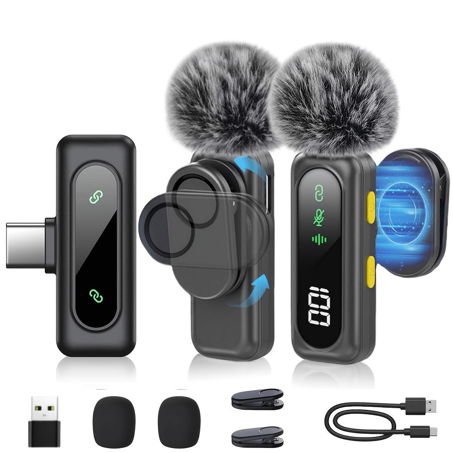 Wireless Lavalier Microphone USB-C 2.4G with DSP Noise Reduction, Digital Battery Display, 360° Omnidirectional Clip-On Lapel Mic, 100ft Range, Furry Windshield, Rotatable Magnetic Clip for iPhone, Android, Camera & Content Creators