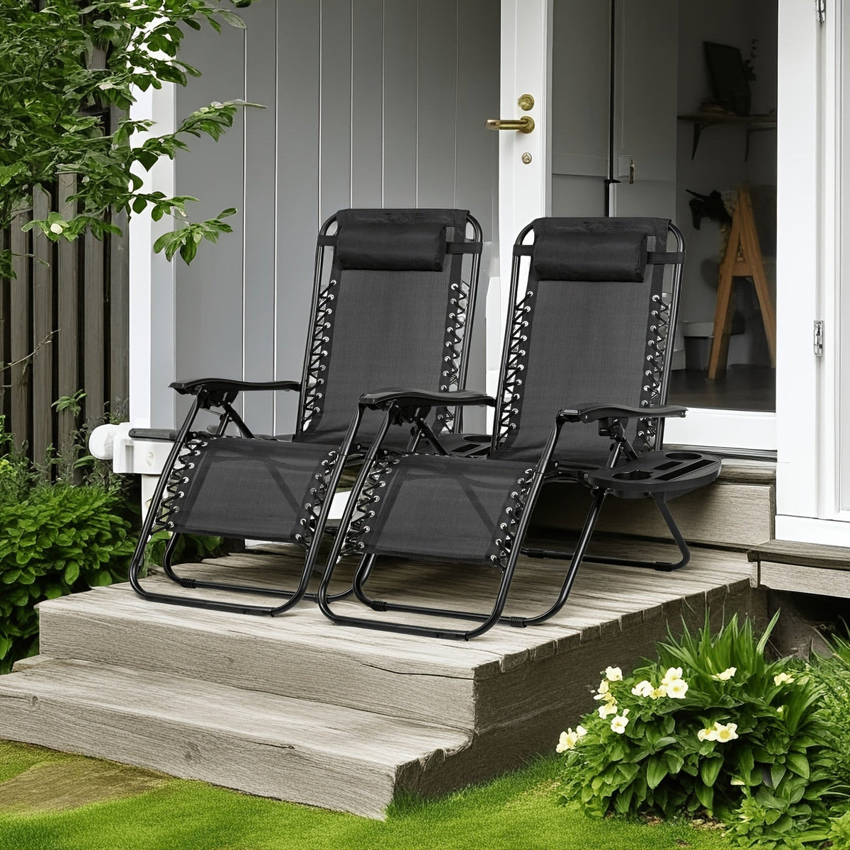 Set of 2 Zero Gravity Recliner Lounge Chairs – 500 LB Capacity Lockable Reclining Detachable Tray Cup Holder for Patio Lawn Garden & Beach in Blue Brown & Stripe Patterns