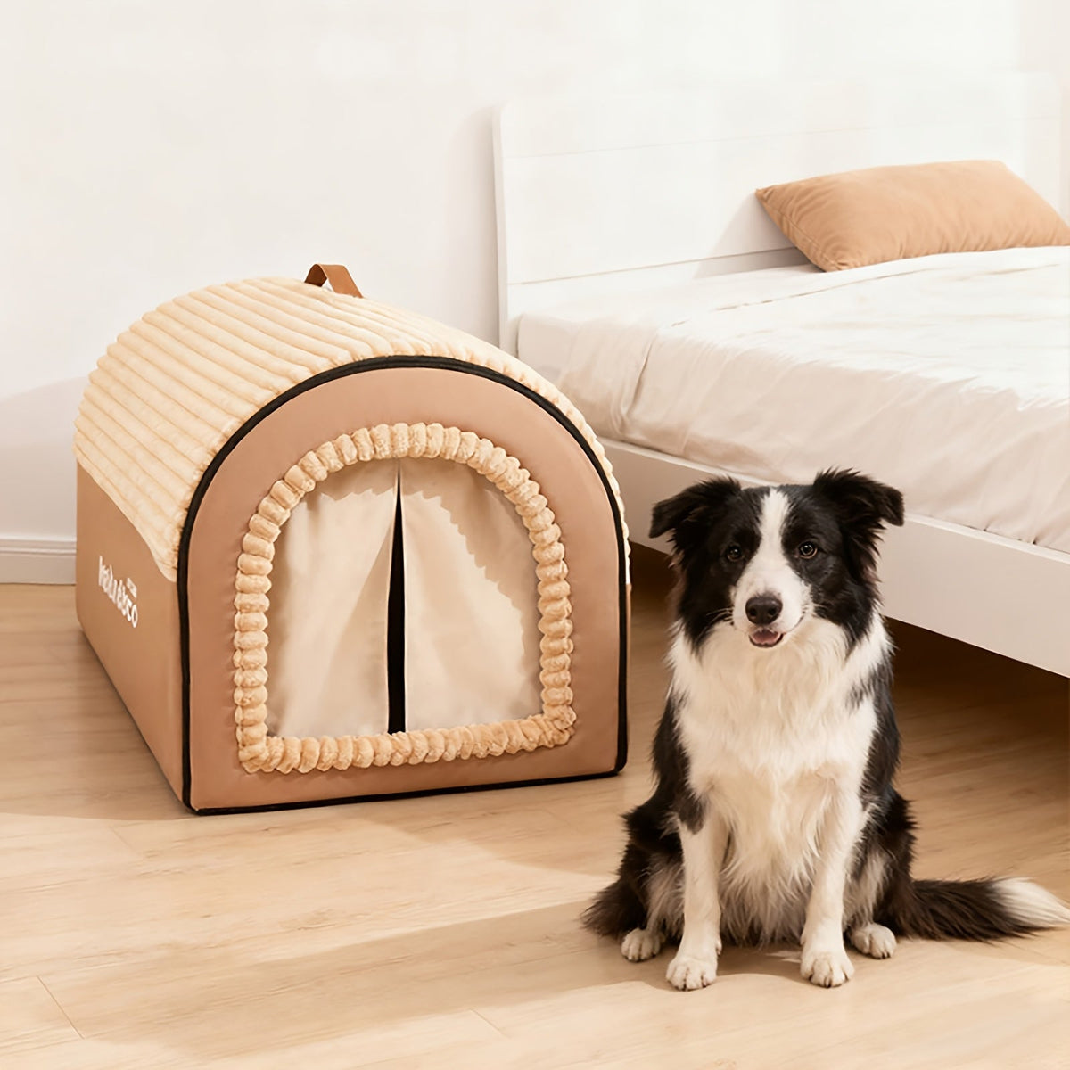 Foldable 2-in-1 All-Season Cave Dog Bed – Fully Enclosed Covered Pet House with Handle, Soft Fluffy Non-Slip Washable Nest for Large, Medium & Small Dogs and Cats – Free Drool Bib – Velora