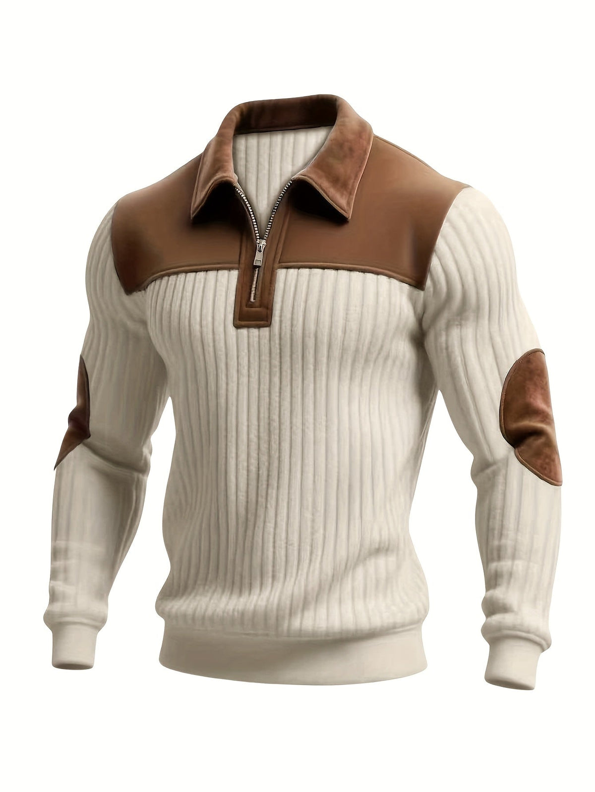 Men's Color-Block Stand Collar Pullover – Thick Warm Long Sleeve Zip Detail Casual Sweatshirt for Daily Fashion & Commuting in White Apricot Black & Khaki Green S–XXL