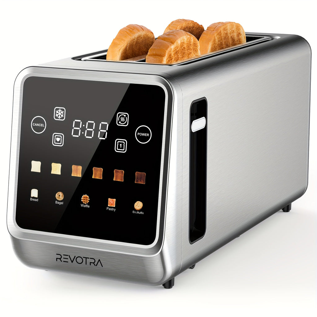 4-Slice Long Slot Toaster – Touchscreen LED Display 1.5" Extra Wide Slots for Thick Bread & Bagels Countdown Timer Memory Function Dual Control 6 Shade Settings Stainless Steel