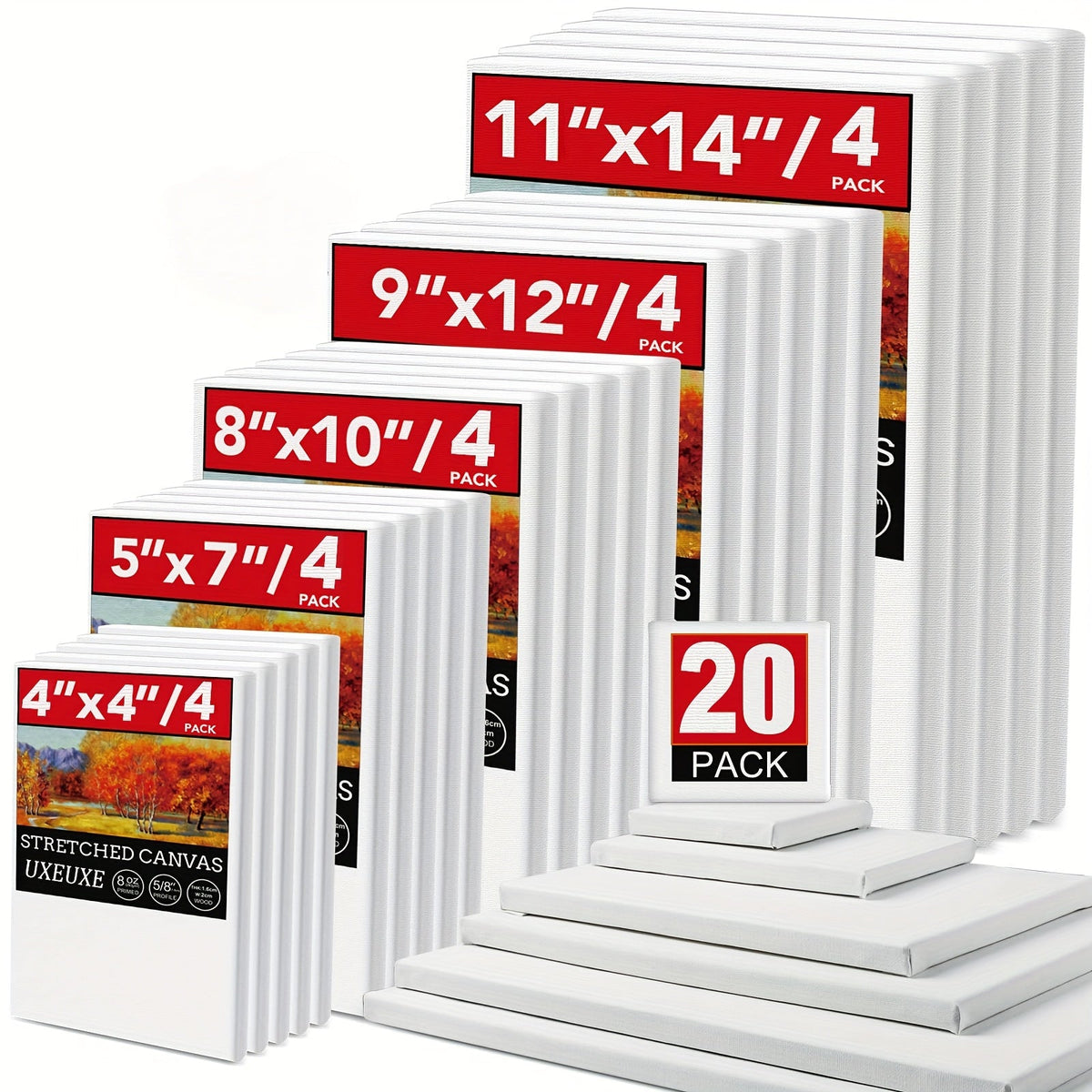 Stretched Canvas Multi-Pack Primed White 100% Cotton – Round, Rectangular, and Square Sets in 10, 15, and 20 Pieces – Artist Canvas Boards for Acrylic, Oil Painting, Pouring, and Mixed Media