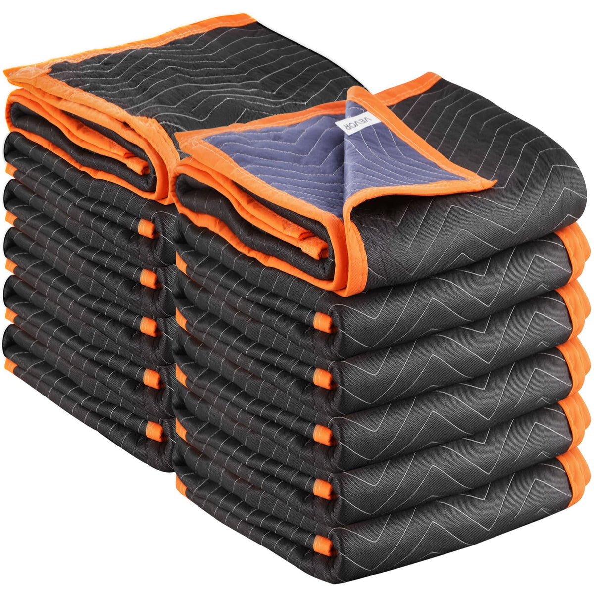 VEVOR Moving Blankets 6 or 12 Pack 72×40 In 32 Lb/Dz Cotton Fill Heavy Duty Nonwoven Double-Stitched Zigzag Quilted Packing Blankets with Elastic Straps for Furniture Shipping & Wrapping