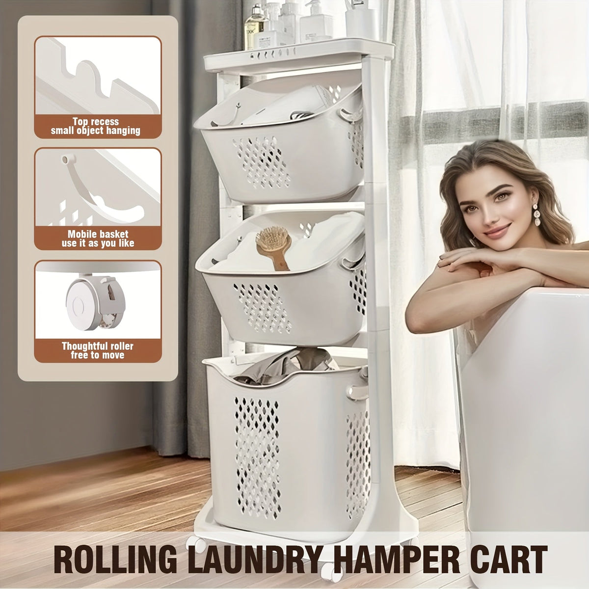 Rolling Laundry Hamper Cart with Wheels – 2/3/4 Tier Large Capacity Laundry Basket with Removable Baskets for Laundry Room Bathroom Organization in White