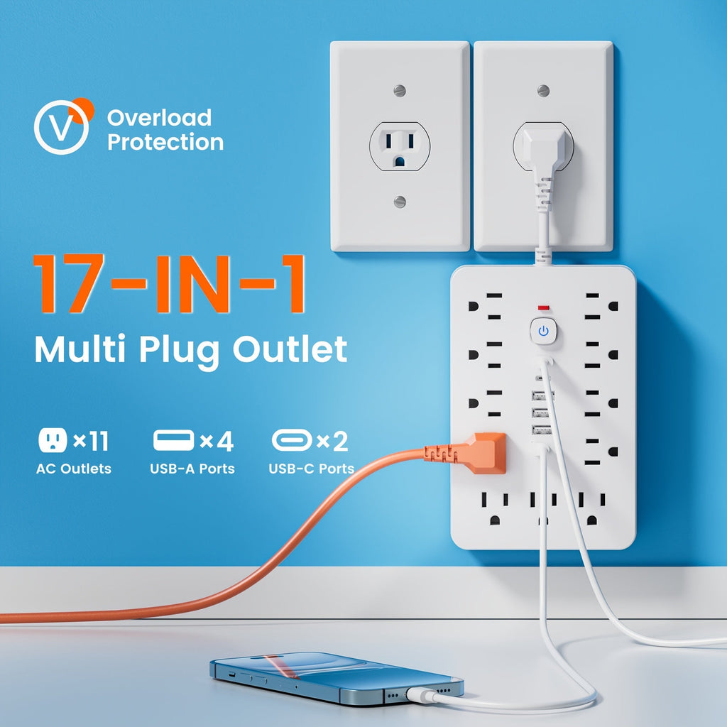 防雷防涌排插 11个AC插孔 | 4个USB-A & 2个USB-C端口，过载保护，短线/5英尺/10英尺延长线 – 家用、办公、桌面及校园多插口电源排插 – 白色 & 黑色