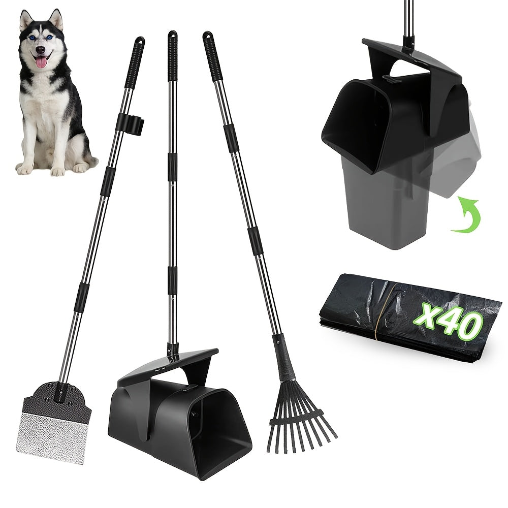 Heavy Duty Dog Pooper Scooper Set with Swivel Bin, Rake & Spade – Long Handle Pet Waste Removal Tool for Grass, Dirt & Gravel, Includes 40 Waste Bags, Great for Large Dogs