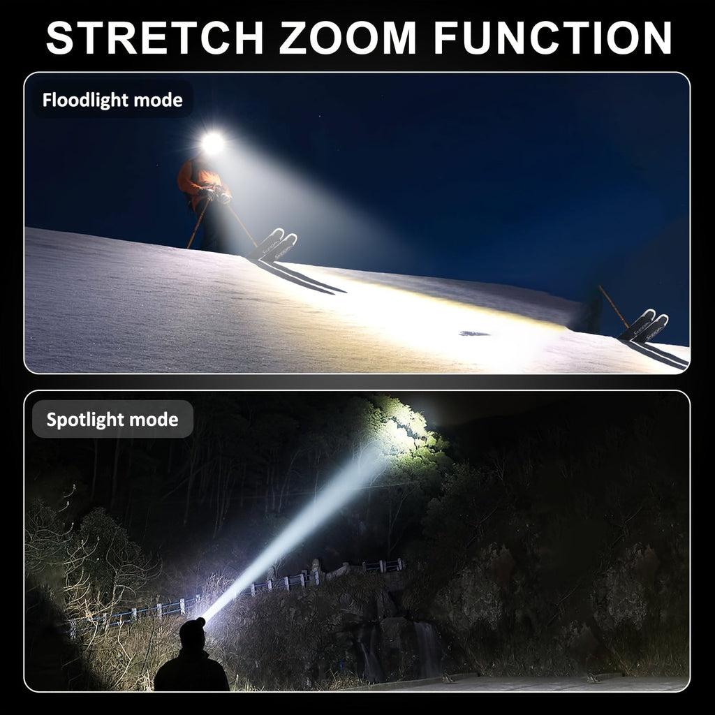 Rechargeable LED Headlamp, 4 Modes, Adjustable Focus, 90° Tilt, Warning Taillight, Durable Headlight for Camping, Hiking, Adventure, Emergency, and Repair Work for Adults