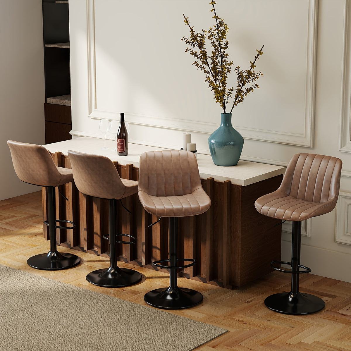 Bar Stools Set of 2/3/4, Adjustable Height Swivel Bar Chairs with Backrest & Footrest, PU Leather Ergonomic Kitchen Island Stools, Non-Slip Base, Easy Assembly, Modern Armless Counter Stools