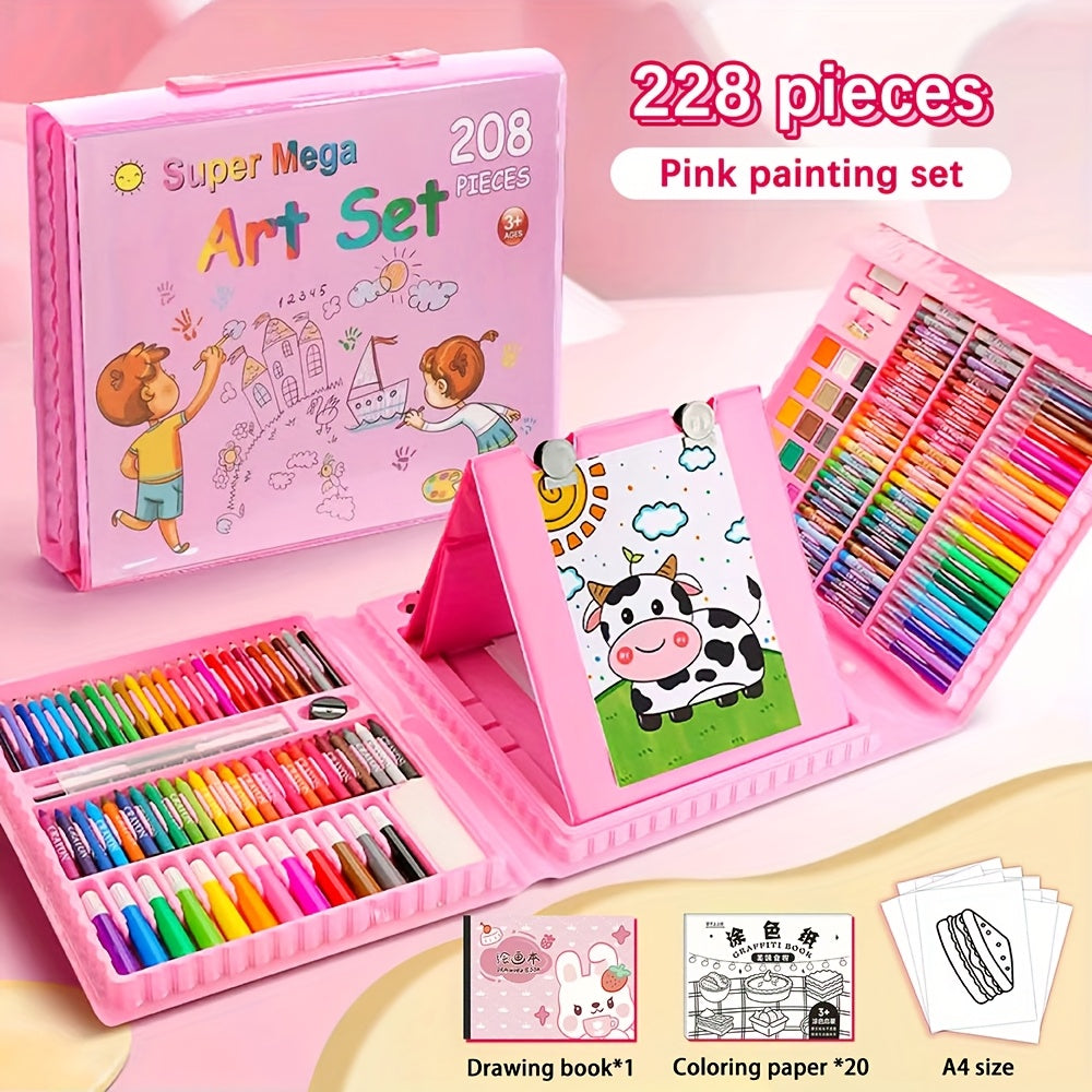 228-Piece Kids Art Painting Set with Easel, Complete Beginner Drawing Kit for Children Ages 3-12, Includes Sketchbook, Coloring Book, Acrylic Markers, Watercolor Pens, Oil Pastels, Colored Pencils & Eraser