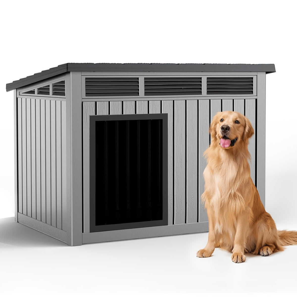 XXXL Outdoor Resin Dog House, Slant-Roof with Gas-Lift Ventilated Canopy, StormProof UV-Resistant All-Weather Shelter for Large Dogs & Multi-Pet Households, Indoor Outdoor Dog Villa, Quick Assembly