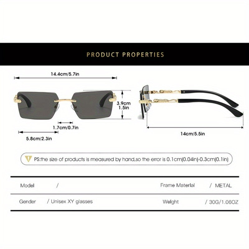 Unisex Rimless Leopard Sunglasses - UV400 Narrow Rectangular Frameless Shades in Black & Gold, Premium Fashion Eyewear for Men & Women, Includes Case & Cloth, Great for Parties, Travel & Festivals