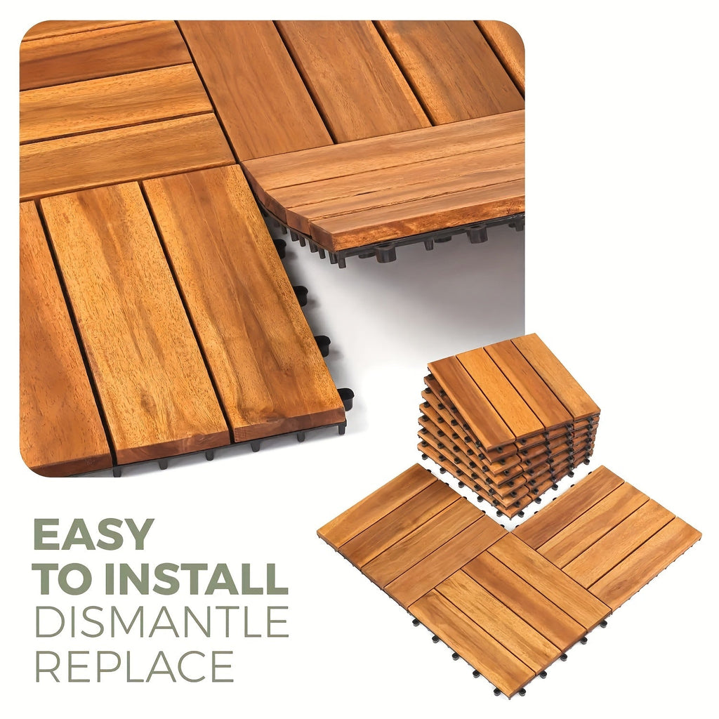 Solid Acacia Wood Interlocking Patio Deck Tiles 12"x12" – 10 or 27-Pack Waterproof Indoor Outdoor Flooring for Balcony Backyard Poolside Checkerboard Pattern