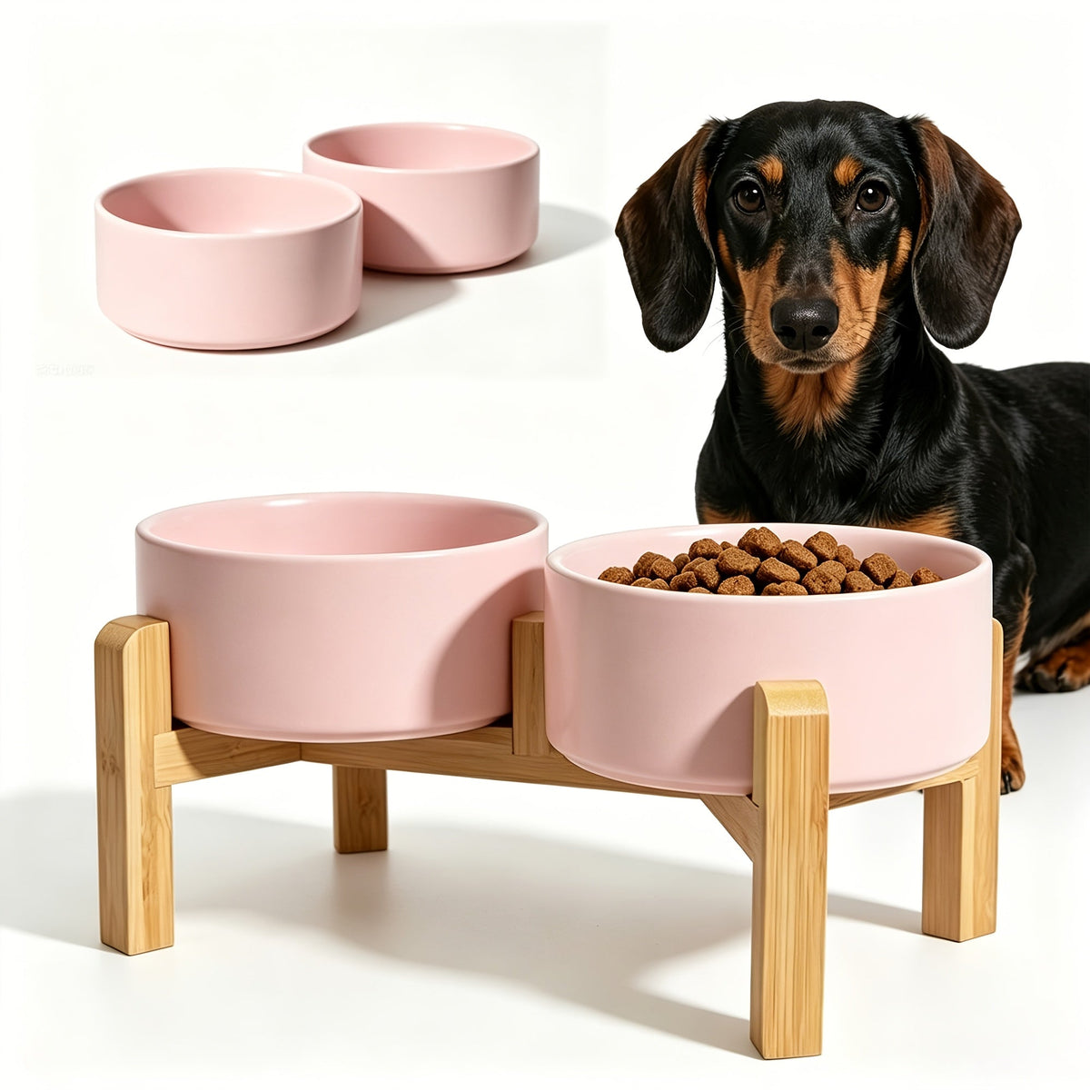 Elevated Ceramic Dog Bowl Set with Bamboo Stand - Raised Double Dog Bowls 28.74oz Non-Slip Feeder for Dogs, Cats & Puppies, Adjustable Height Slow Feed Dog Food Bowl with Storage (4 Colors)