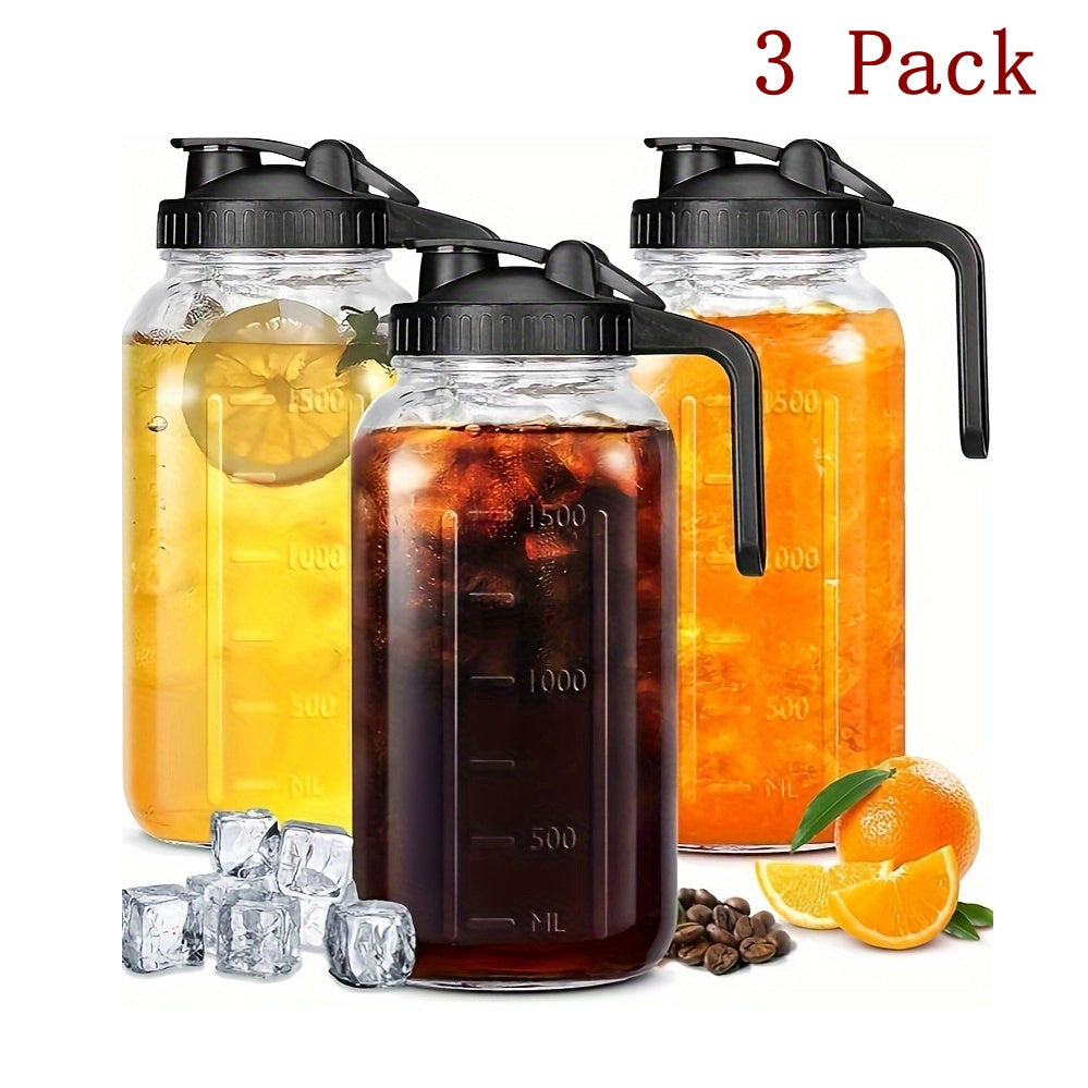 64oz Mason Jar with Handle & Lid – BPA-Free High Borosilicate Glass Beverage Carafe, Leak-Proof, 2/3 Pack, for Sports, Outdoor, Juice, Water, Kombucha, Holiday Gift