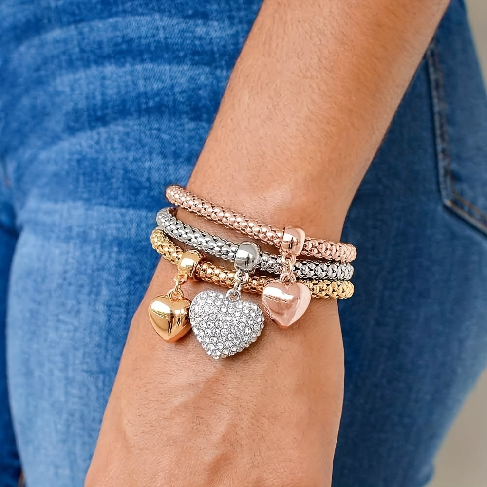 3PC Stainless Steel Stackable Bracelet Set for Women – Gold, Silver, & Rose Gold Wheat Chain & Heart Tree of Life Elastic Bracelet, Hypoallergenic Daily & Party Wear