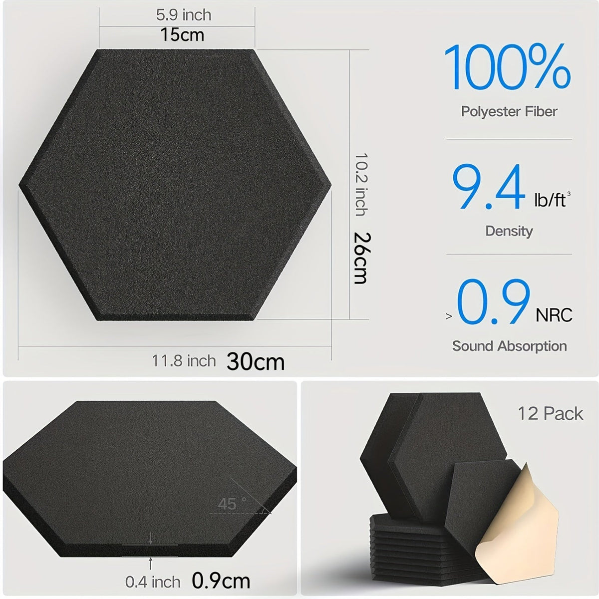 Acoustic Soundproof Panels 12-Pack - Self-Adhesive High-Density Sound Absorbing Tiles 11.81"x10.24" for Home Theater, Recording Studio & Office - Echo & Noise Reduction - White, Black & Silvery Gray