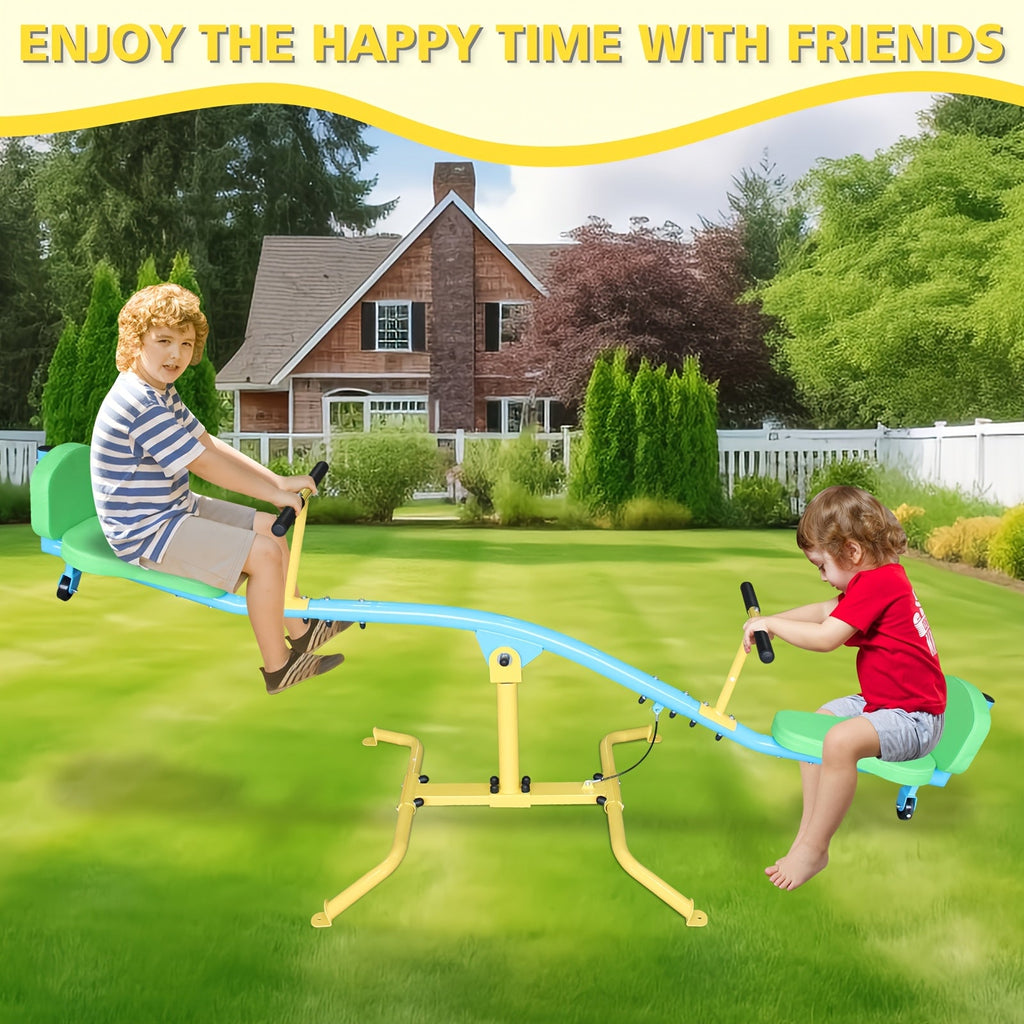 Kids 360-Degree Rotating Seesaw, 2-Seat or 4-Seat, Metal Frame, Outdoor Play Equipment, Rotating Swing Ride-On, for Playground, Backyard & Garden, Blue