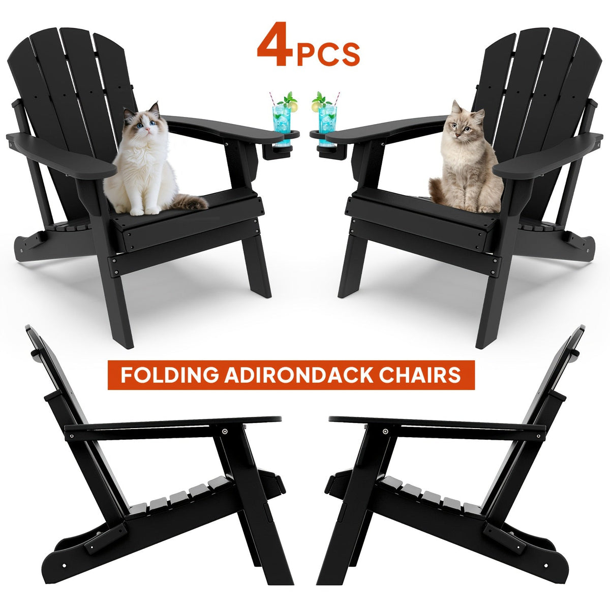 Folding Adirondack Chair with Cup Holder Portable Recliner Stainless Steel Frame Durable Plastic Easy Clean for Patio Poolside Garden Camping Set of 1 2 4 6