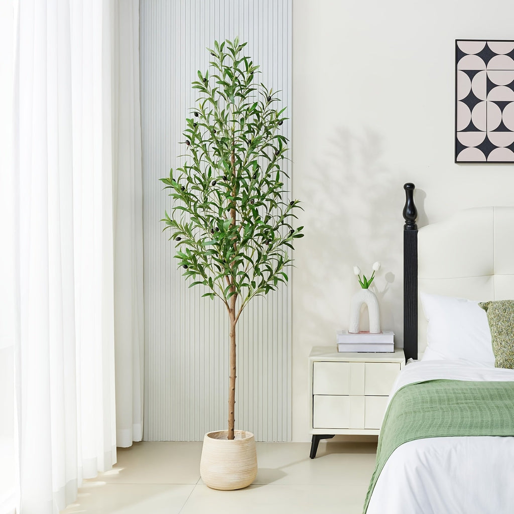 6FT Artificial Olive Tree Faux Potted Silk Plant with Realistic Trunk & Fruits Indoor Home Office & Living Room Decor