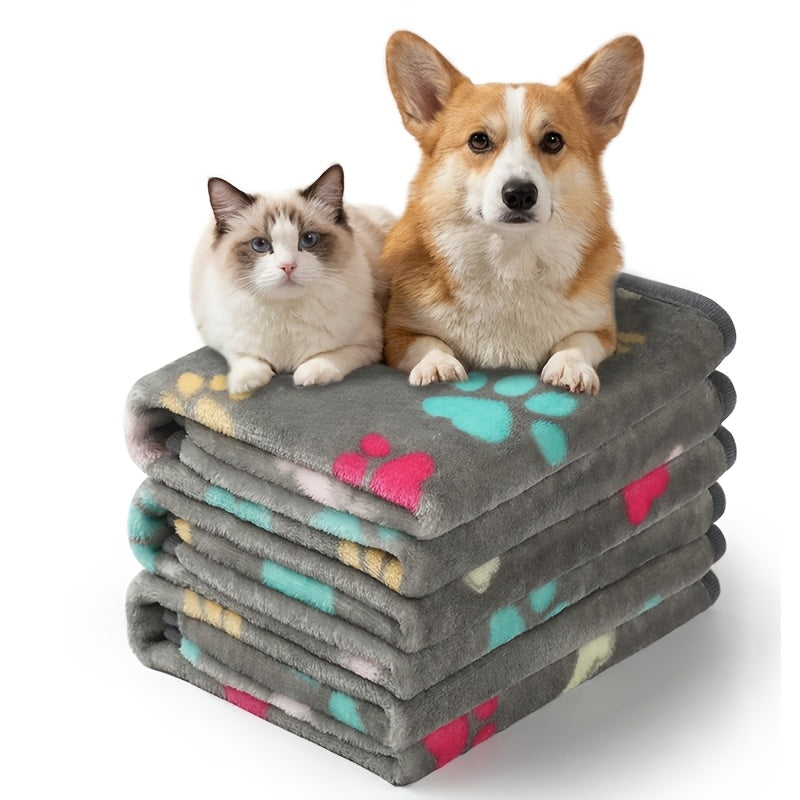 Fleece Pet Blanket 3-Pack for Dogs, Cats & Puppies – Super Soft, Fluffy, and Tear-Resistant Flannel Throw, Paw Print (Brown, Pink, White), Machine Washable, Includes Free Pet Drying Towel