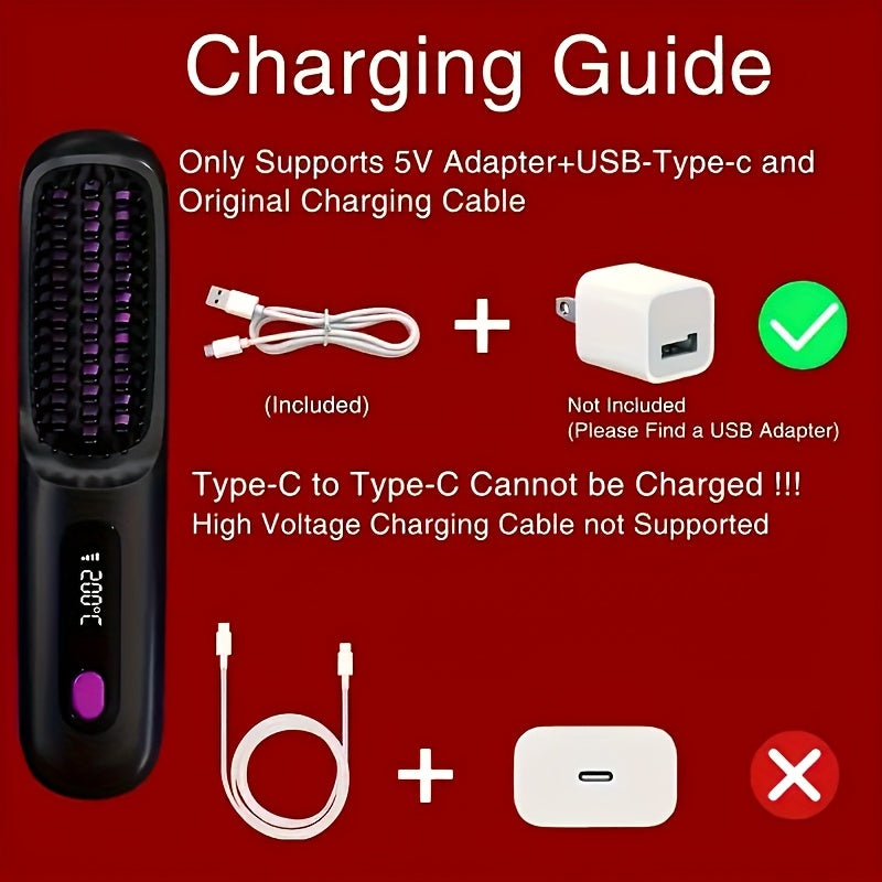 Portable Wireless Hair Straightener Comb - USB Charging, 3-Speed Temperature Control, Negative Ion Technology, LED Display - Lightweight Travel Hair Straightener - Black & White
