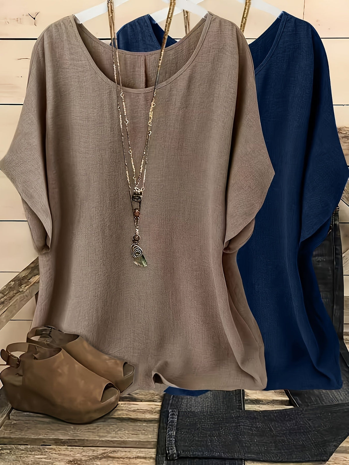 Women's Batwing Sleeve Shirt 2-Piece Set, Casual Vacation Round Neck Solid Color Loose Top, S-XXL, Multiple Colors | US Warehouse Fast Shipping