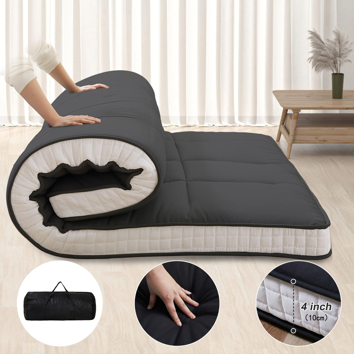 Japanese-Style Foldable Floor Mattress – Portable Roll-Up Guest Bedding for RV Travel Camping & Everyday Floor Lounging in Twin Full & Queen in Black & Grey