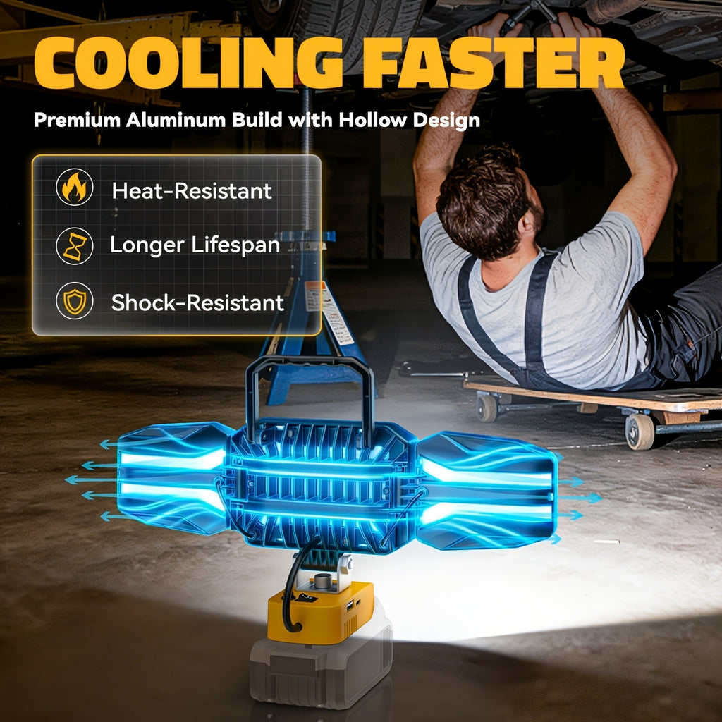Diytoolifz 15000LM 150W LED Work Light - Compatible with DeWalt 20V Battery, 3-Head Adjustable Flood Light, 6500K Daylight, 2 Brightness Modes, USB Fast Charging - Portable Jobsite & Emergency Light - Tool Only (No Battery)