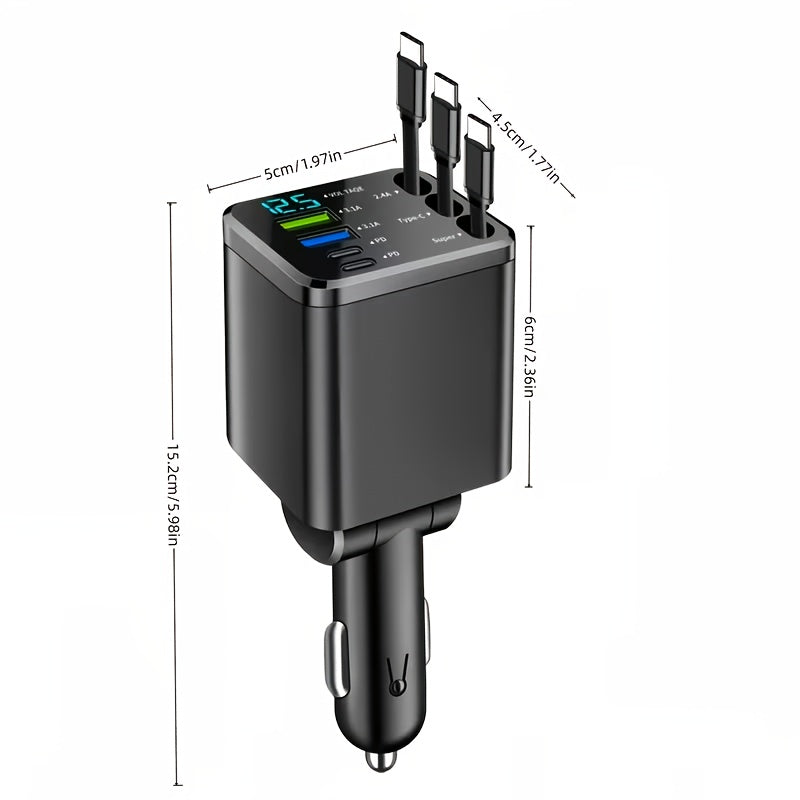 7-in-1 Fast Car Charger with 3 Retractable Cables, LED Digital Display, and 180° Adjustable Universal Plug - Multi-Port Car Phone Charger for iPhone, Android, and USB-C
