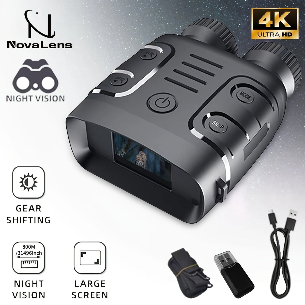 4K HD Night Vision Binoculars – 1000m Range 10x Digital Zoom 2.4" IPS LCD 2000mAh Battery Photo & Video for Hunting Boating Wildlife & Outdoor in Black & Yellow