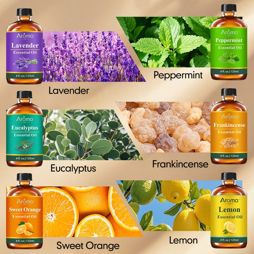 Pure Natural Essential Oils 4 FL OZ – Lavender, Eucalyptus, Frankincense, Peppermint, Lemon, Sweet Orange for Diffuser, Aromatherapy, Soap, Candle, Body Oil
