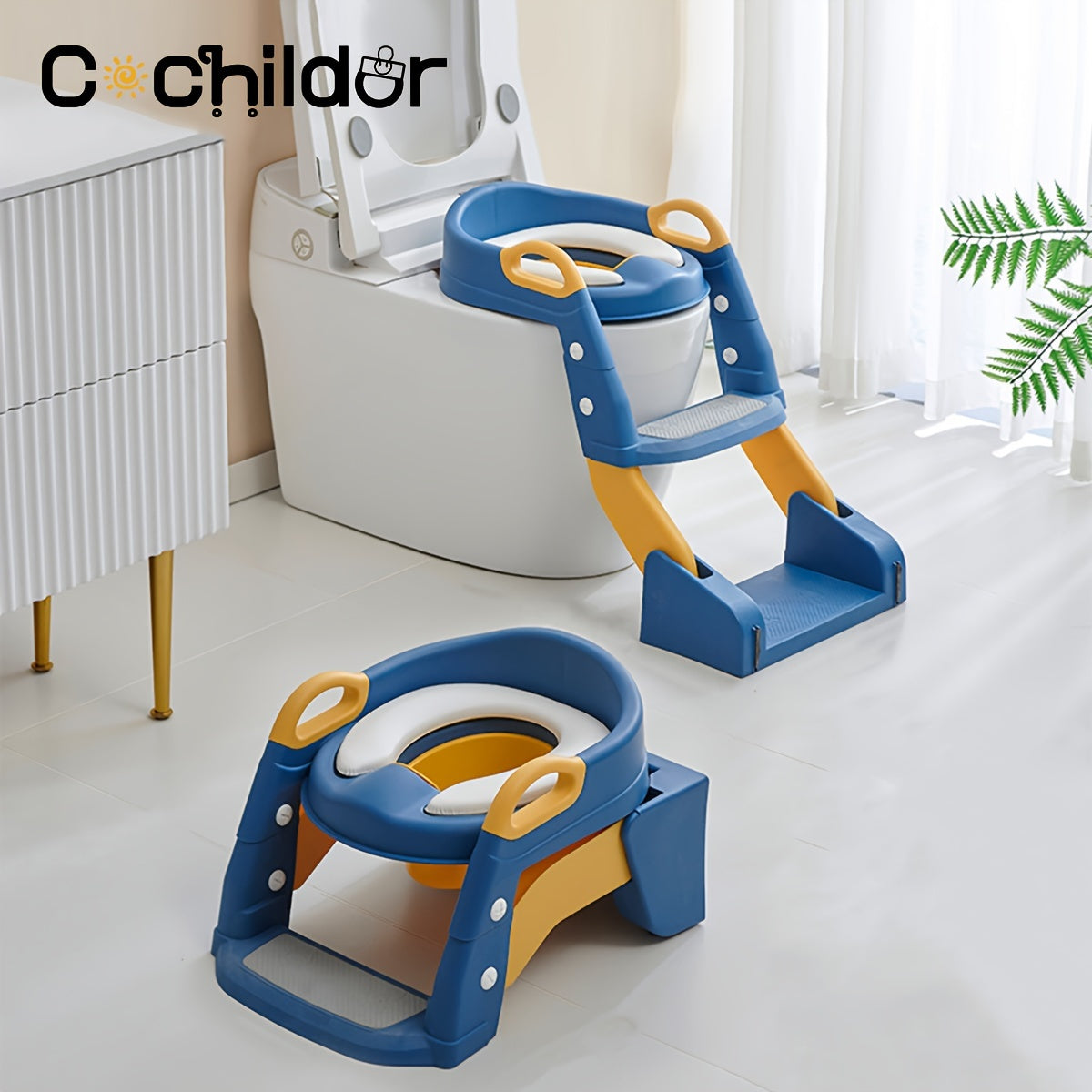Cochildor Potty Training Seat, Adjustable Toddler Toilet Potty Chair with Sturdy Non-Slip Step Stool Ladder, Handles & Splash Guard, Safe & Stable Potty Training Chair for Boys & Girls, Blue, Grey & Pink