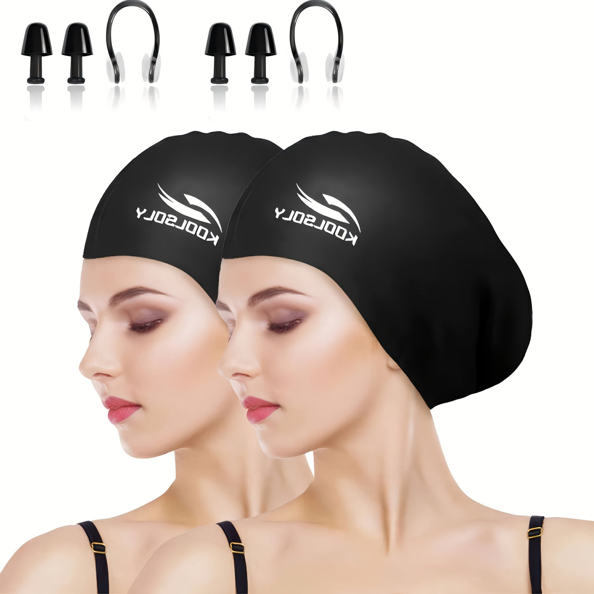 Silicone Swimming Cap 2-Pack with Ear Protection for Long Hair – Includes Earplugs & Nose Clip, Waterproof Swim Cap Set, 11 Color Options for Women, Men, and Adults