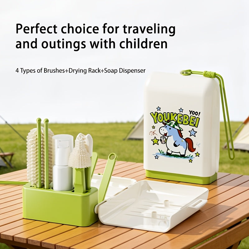 Book-Shaped Portable Baby Bottle Cleaning Brush Set, Multi-Functional Kit with Bottle Brush Nipple Brush Straw Brush Cup Brush & Draining Rack, Lightweight Travel Bottle Cleaning Tools, Green & Blue