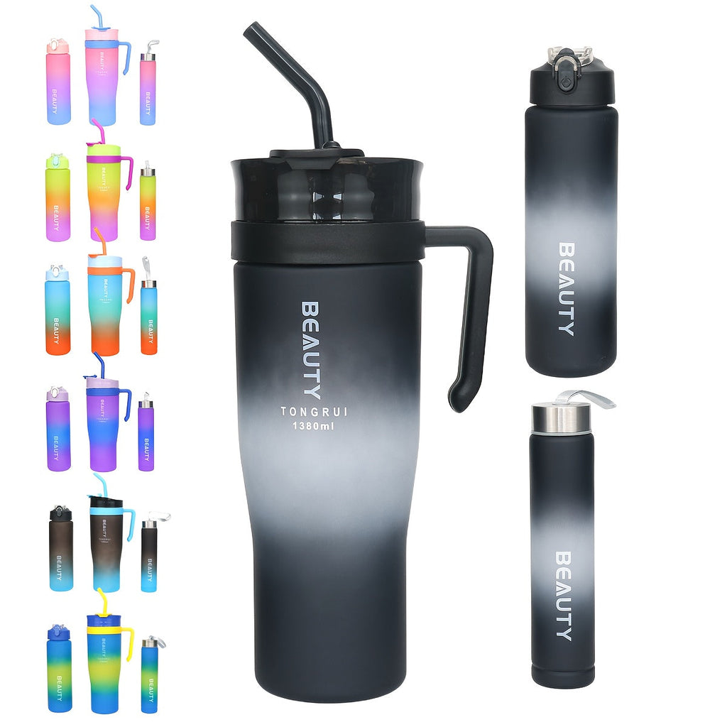 BPA-Free Gradient Water Bottle 5-Piece Set with Straw & Spill-Proof Lid - 46oz, 27oz, & 9oz Leak-Proof Sports Bottles for Gym, Travel, and Outdoor Use