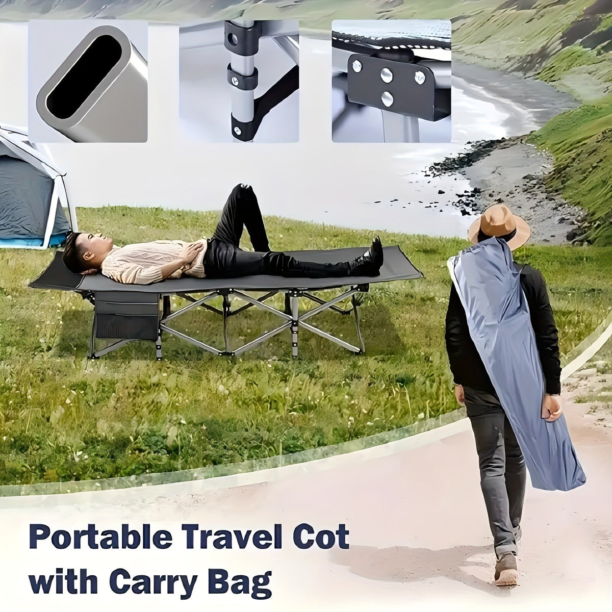 Camping Cot with Double-Sided Plaid Mattress 74-Inch Heavy-Duty Portable Folding Bed with Carry Bag – Outdoor Sleeping Cot for Adults Camping, Hiking, Sports Field Lounger (74×30 in)