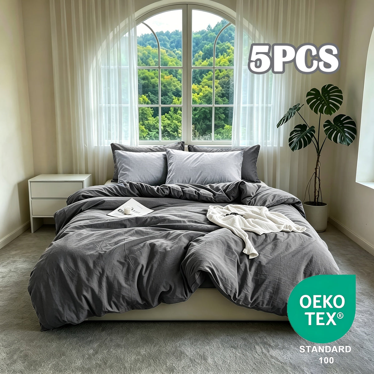 Washed Microfiber Duvet Cover Set 5-Piece, 1 Duvet Cover + 4 Pillowcases, Zipper Closure & Corner Ties, Soft Breathable Bedding Set for Home School Guest Room, No Insert, Multiple Sizes & Colors