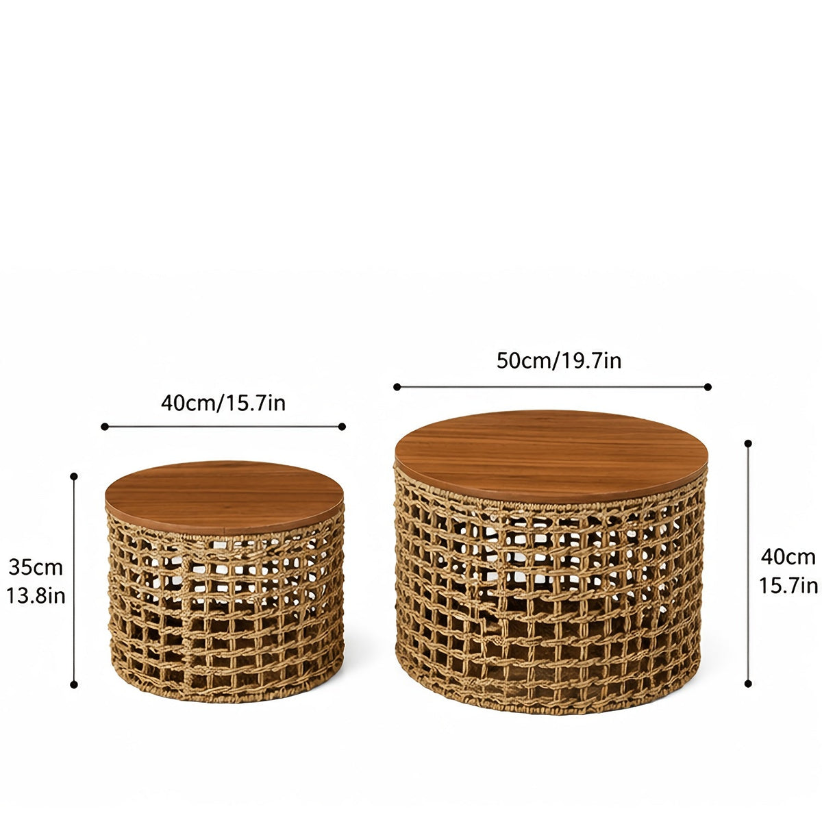 Handwoven Water Hyacinth Outdoor Side Tables Set of 2 Round Patio End Tables for Garden Backyard Porch & Indoor Plant Stands – Natural Seagrass Weave, High & Low Styles, Pro Option Available
