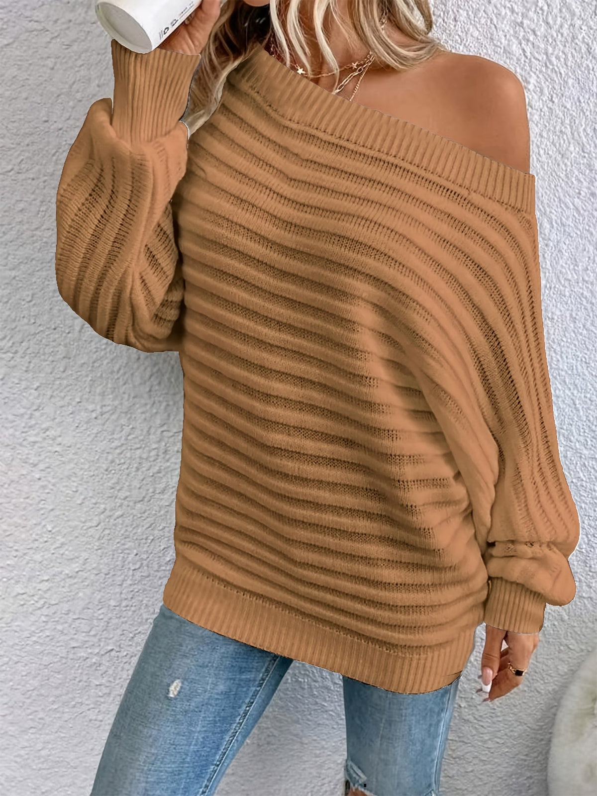 Women's Batwing Sleeve Hollow Knit Crew Neck Pullover Sweater, Solid Color Long Sleeve Top, S-XL, 12 Colors