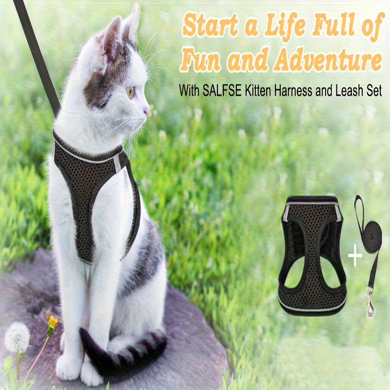 Escape Proof Cat Harness and Leash Set for Walking - Adjustable Reflective Soft Mesh Vest for Cats, Kittens, and Small Dogs, S/M, Black/Grey, Comfortable Outdoor Adventure Pet Gift