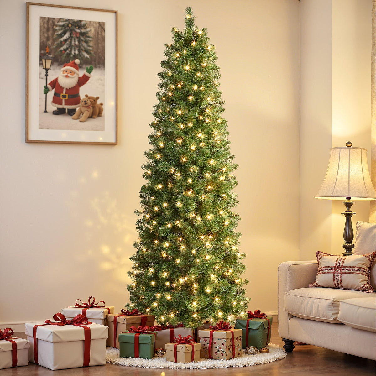 Pre-Lit Slim Pencil Christmas Tree – Artificial Hinged Xmas Tree with Warm White Lights Full Branch Tips Stable Metal Stand Easy Assembly in 4FT to 9FT + Bonus Tinsel Garland