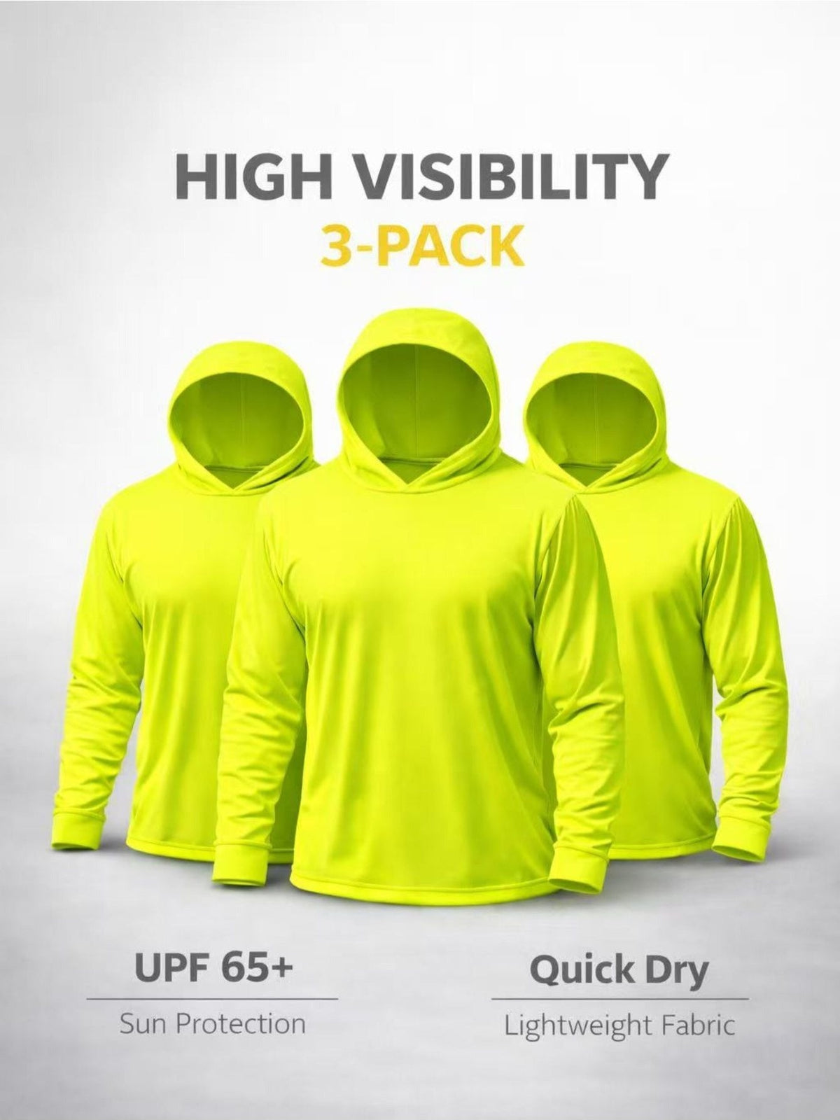 Men's UPF 50+ Sun Protection Hoodie Shirt 3-Pack, Long Sleeve Moisture-Wicking Quick-Dry Breathable Outdoor Performance T-Shirt for Hiking, Fishing, and Running – Sizes S to XXXL, Fluorescent Yellow