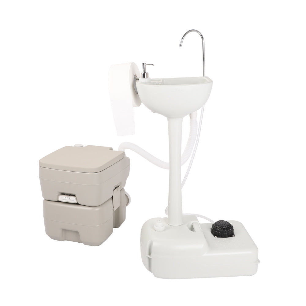 Portable Outdoor Hand Sink & Toilet Set HDPE No-Tool Assembly Pedal Design 3L Tank for Camping Worksite Boating & Outdoor Events – White